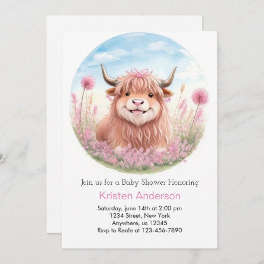 ハイランドお洒落カウピンクの女の子ベビーシャワー 招待状 (正面/裏面)