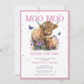 ハイランドお洒落牛フローラピンク赤ちゃんシャワー 招待状 (正面)