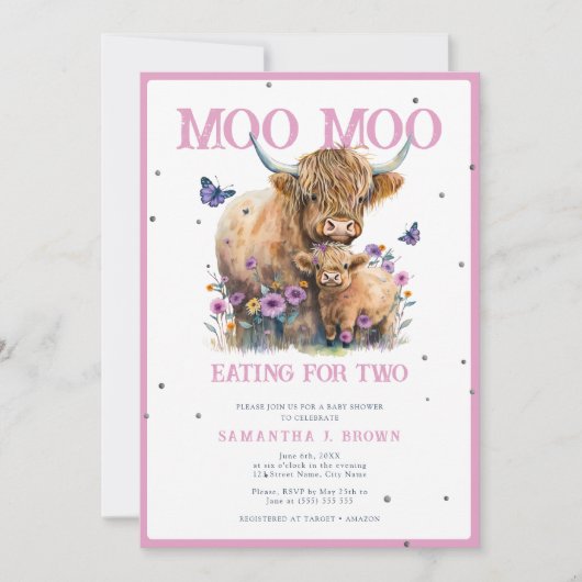 ハイランドお洒落牛フローラピンク赤ちゃんシャワー 招待状 (正面)