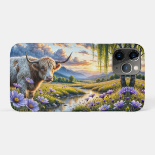 ハイランドとロングホーンの交雑種の牛がいる花畳 iPhone 11 PROケース