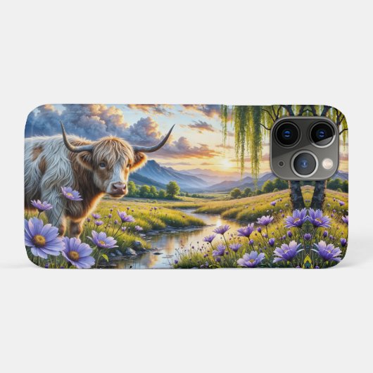 ハイランドとロングホーンの交雑種の牛がいる花畳 Case-Mate iPhoneケース (裏面(横))