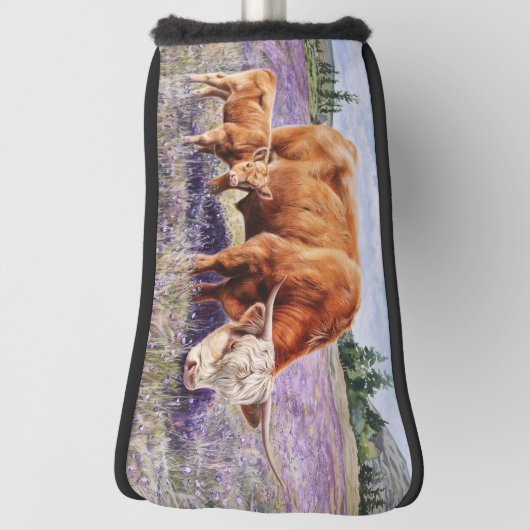 ハイランドの牛と子牛の紫色の野生の花 ゴルフヘッドカバー (回転90)