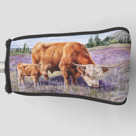 ハイランドの牛と子牛の紫色の野生の花 ゴルフヘッドカバー (正面)