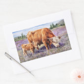 ハイランドの牛と子牛の紫色の野生の花 長方形シール (封筒)