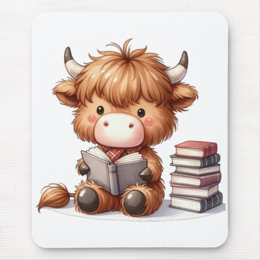 ハイランドカウが本を読む マウスパッド (正面)