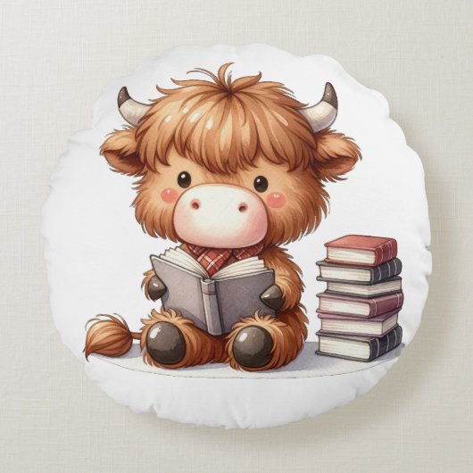 ハイランドカウが本を読む ラウンドクッション (正面)