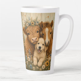 ハイランドカウと子馬と子犬のフラワーアート カフェラテマグ
