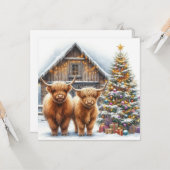 ハイランドカウと木と納屋のクリスマスカード カード (正面/裏面インサイチュ)
