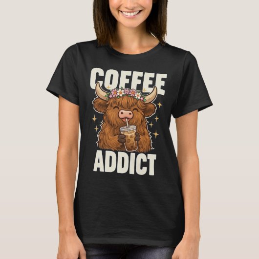 ハイランドカウのコーヒー中毒 Tシャツ (正面)