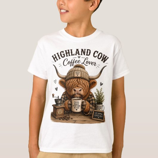 ハイランドカウのコーヒー愛好家ビンテージ風グラフィック Tシャツ (正面)