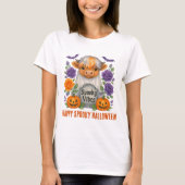 ハイランドカウの幽霊 ハロウィンのカボチャの花 Tシャツ (正面)