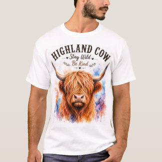 ハイランドカウの水彩スプラッシュ ステイ ワイルド ビー カインド G Tシャツ
