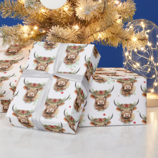 ハイランドカウの田舎風クリスマス包装紙 ラッピングペーパー