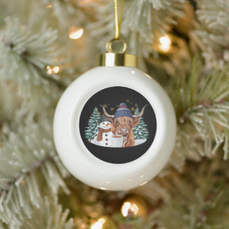 ハイランドカウの雪だるまホットココアクリスマスツリー クリスマス セラミックボールオーナメント