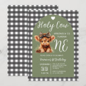 ハイランドカウの1歳誕生日ガール ギンガムパーティ 招待状 (正面/裏面)