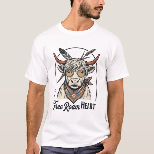 ハイランドカウのTシャツ、自由奔放な精神、ヴィンテージ風の彫刻 A Tシャツ (正面)