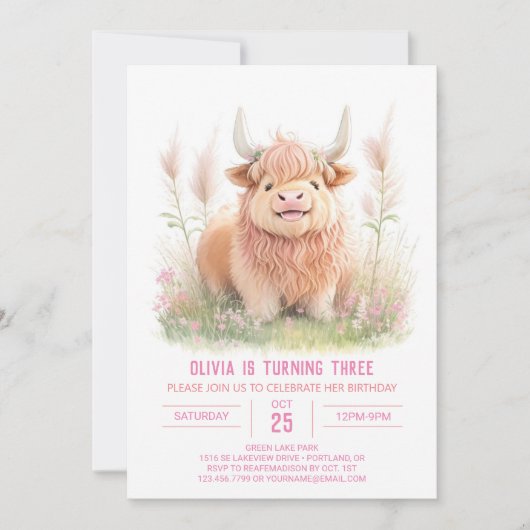 ハイランドカウアンドパンパスグラスガール誕生日 招待状 (正面)