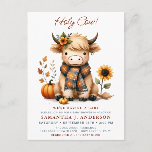 ハイランドカウオータムキュートカーフベビーシャワー招待状 ポストカード (正面)
