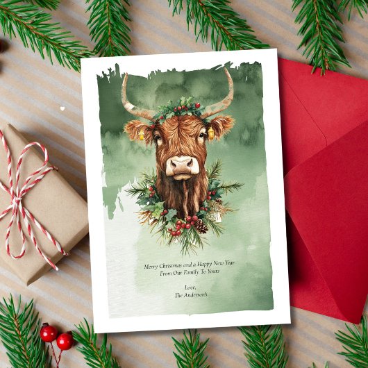 ハイランドカウカおもしろいキュート水彩クリスマス シーズンカード