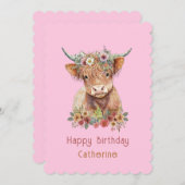 ハイランドカウキュートフローラ誕生日水彩ピンク 招待状 (正面/裏面)