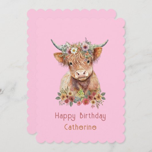 ハイランドカウキュートフローラ誕生日水彩ピンク 招待状 (正面/裏面)