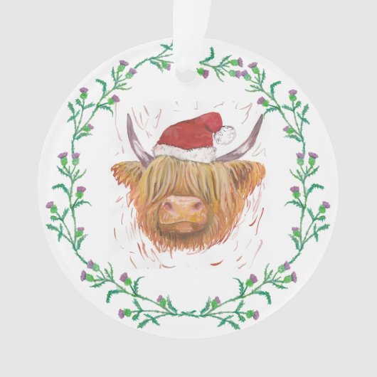 ハイランドカウクリスマスハットシスルリースノ文字 オーナメント (正面)