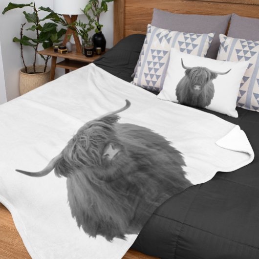 ハイランドカウスコットランド素朴白黒 フリースブランケット