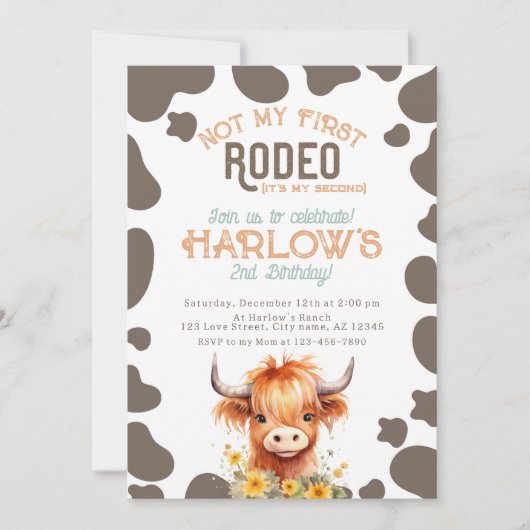 ハイランドカウノミファーストロデオ女性のカーボーイ誕生日 招待状 (正面)
