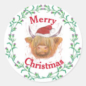 ハイランドカウハットシスルリースメリークリスマス ラウンドシール (正面)