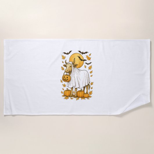 ハイランドカウハロウィーンの幽霊衣装 ビーチタオル (正面)