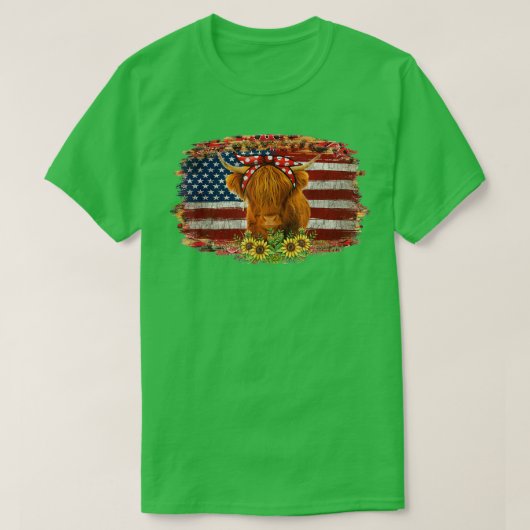 ハイランドカウヒマワリ米国国旗Patriotic Far Tシャツ (デザイン正面)