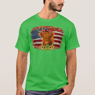 ハイランドカウヒマワリ米国国旗Patriotic Far Tシャツ
