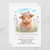 ハイランドカウピンク牧草地ガールベビーシャワー 招待状 (正面/裏面)