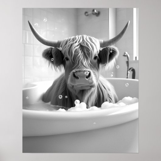 ハイランドカウブラックアンドホワイトバスルーム写真 ポスター (正面)