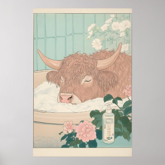 ハイランドカウプリント 浮世絵 日本風バスルームアート ポスター (正面)