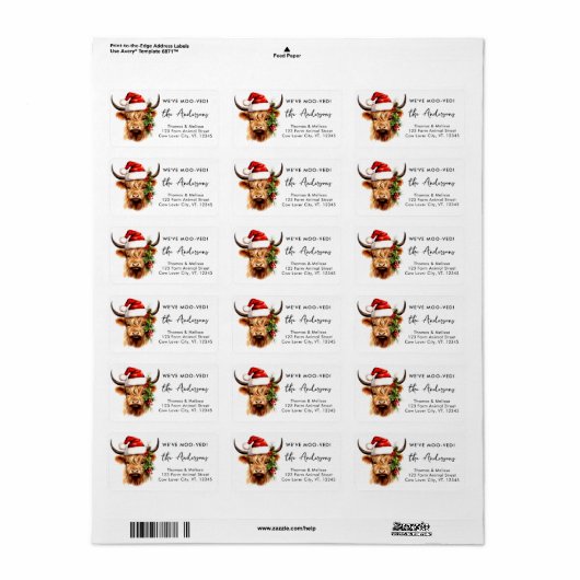 ハイランドカウーフェスティバルサンタホリデー差出人住所 ラベル (フルシート)