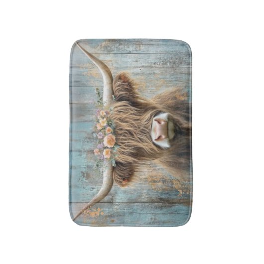 ハイランドカウーフローラリースブルーファームハウスシーン バスマット (正面縦)