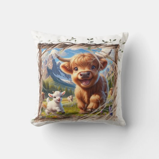 ハイランドカウー装飾用クッション素朴ファームハウスデコール クッション (正面)