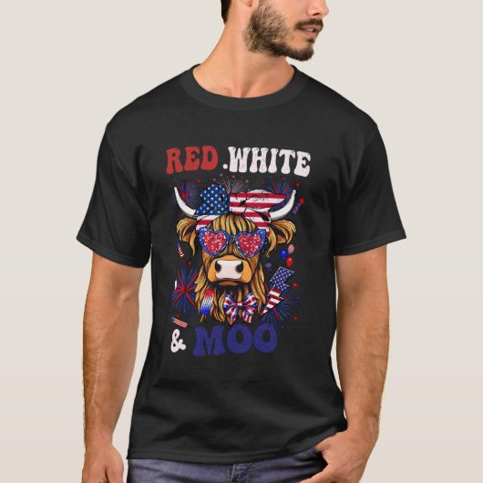 ハイランドカウ アメリカ 赤 白 青 7月4日 Tシャツ (正面)