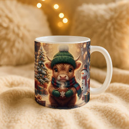 ハイランドカウ クリスマス マグカップ、可愛い子牛のアート、ホリデーギフト ジャンボコーヒーマグカップ