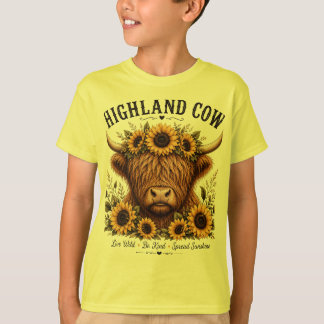 ハイランドカウ サンフラワー クラウン 励ましのワイルドフラワー Tシャツ