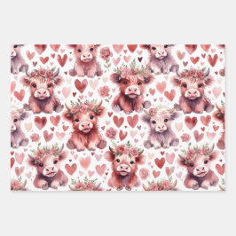 ハイランドカウ バレンタイン ピンク フローラル ウォーターカラー ラッピングペーパーシート