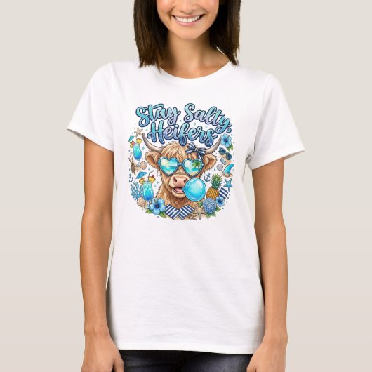 ハイランドカウ ビーチ サマー おもしろTシャツ Tシャツ (正面)