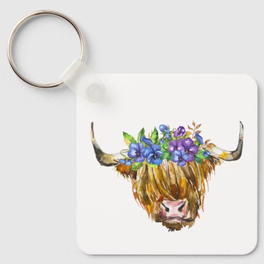 ハイランドスコティッシュカウフラワーウォータカラー キーホルダー (正面)
