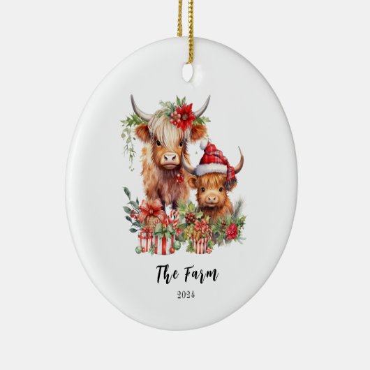 ハイランドパーソナライズされたカウハイファーファームサンタハット セラミックオーナメント (右)