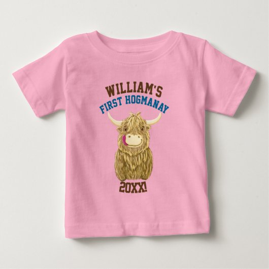 ハイランドパーソナライズされたカウファーストホグマネー ベビーTシャツ (正面)