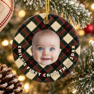 ハイランドロッジプレイドベビーの最初のクリスマス写真 セラミックオーナメント