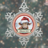 ハイランド牛かわいいサンタハットギンガムクリスマスの名前 スノーフレークピューターオーナメント