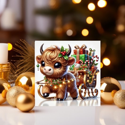 ハイランド牛がサンタのそりを引く シーズンカード