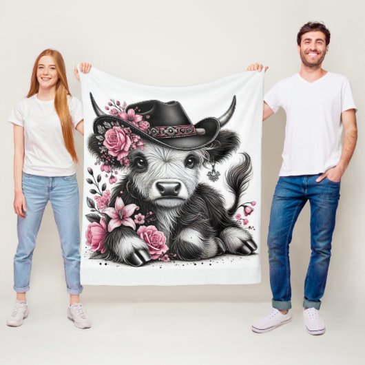 ハイランド牛とフローラ帽子 フリースブランケット (インサイチュ)